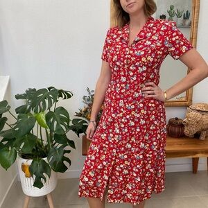 Rabbit designs vintage red floral button up dress